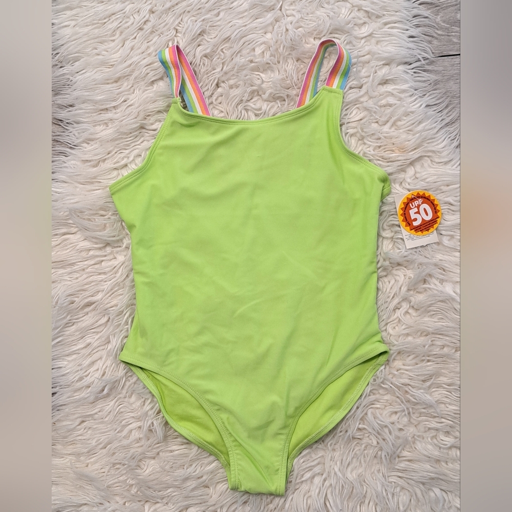 Brand New George Vibrant Green Girl's One Piece Swimsuit with Rainbow Straps